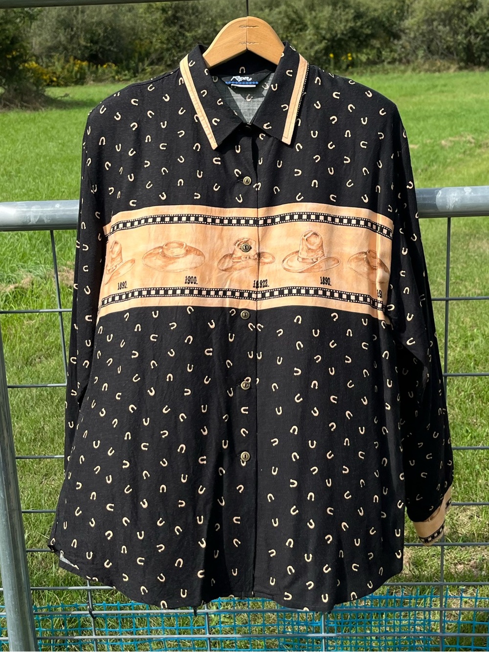 80s Roper Western Cowboy Hats Button-Up Blouse Size L Retro Rodeo Horseshoes